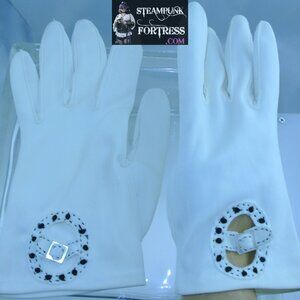 VINTAGE WHITE BLACK ACCENT CUTOUT CIRCLES BUCKLE NYLON WRIST LENGTH GLOVES - MAS